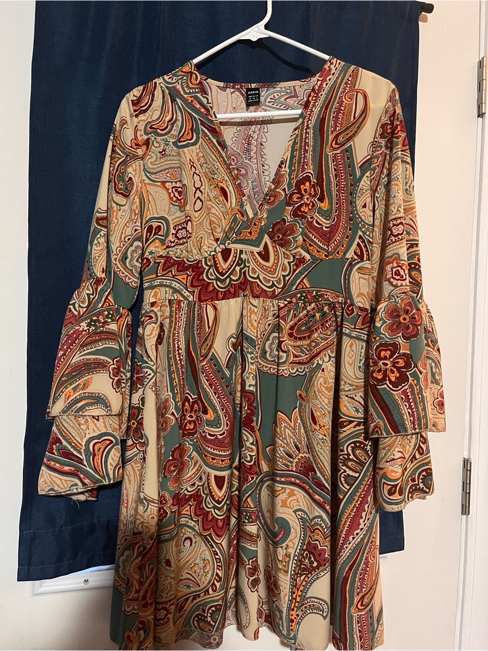 Boho Paisley V-Neck Tiered Mini Dress in Olive & Cream